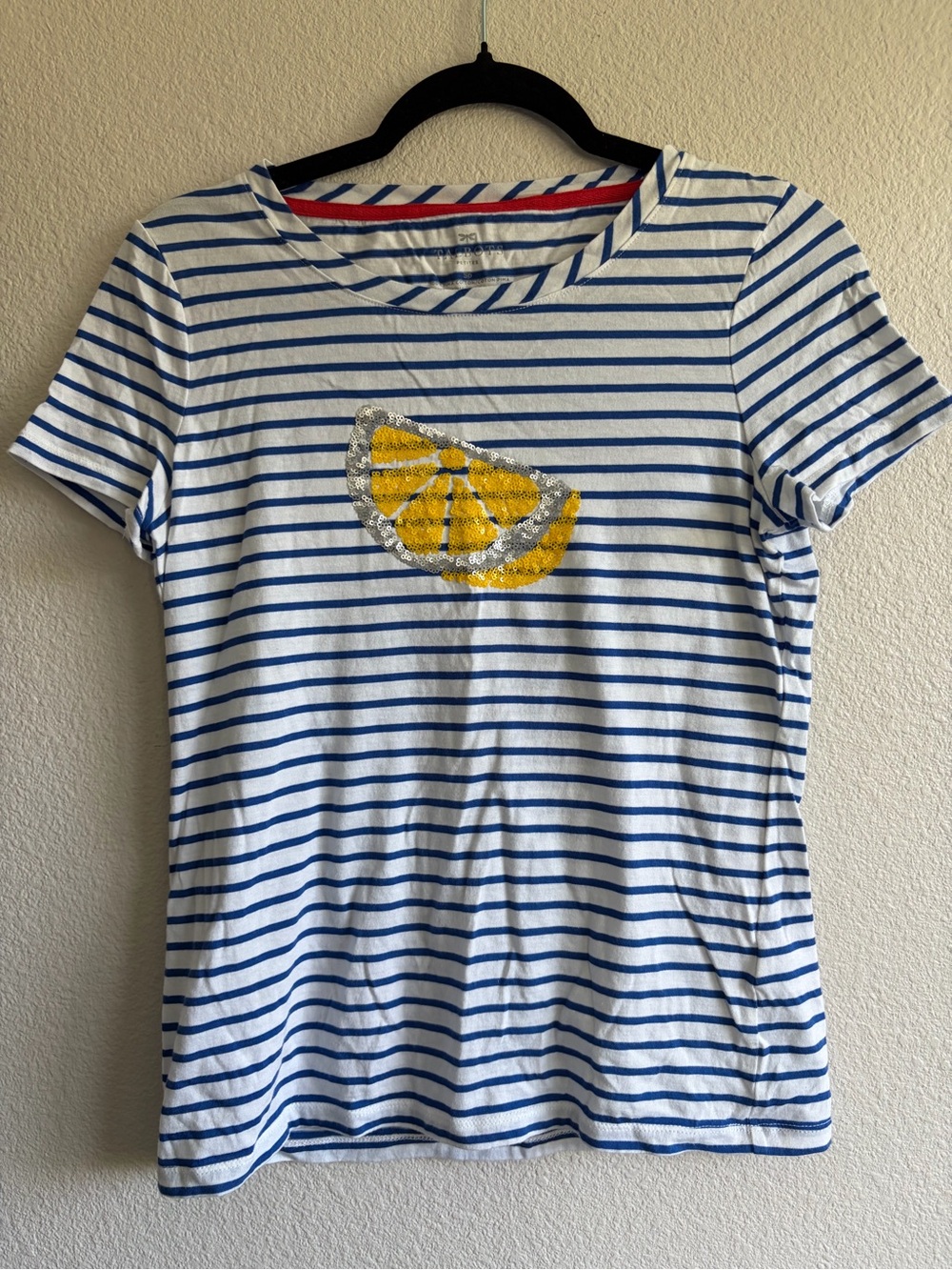Women’s Striped Blue & White Tee with Yellow Lemon Graphic